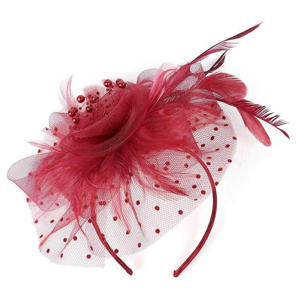 6436 1920s Women's Burgundy Fascinator Feather Kentucky Tea Party Hat - Picture 2 of 7